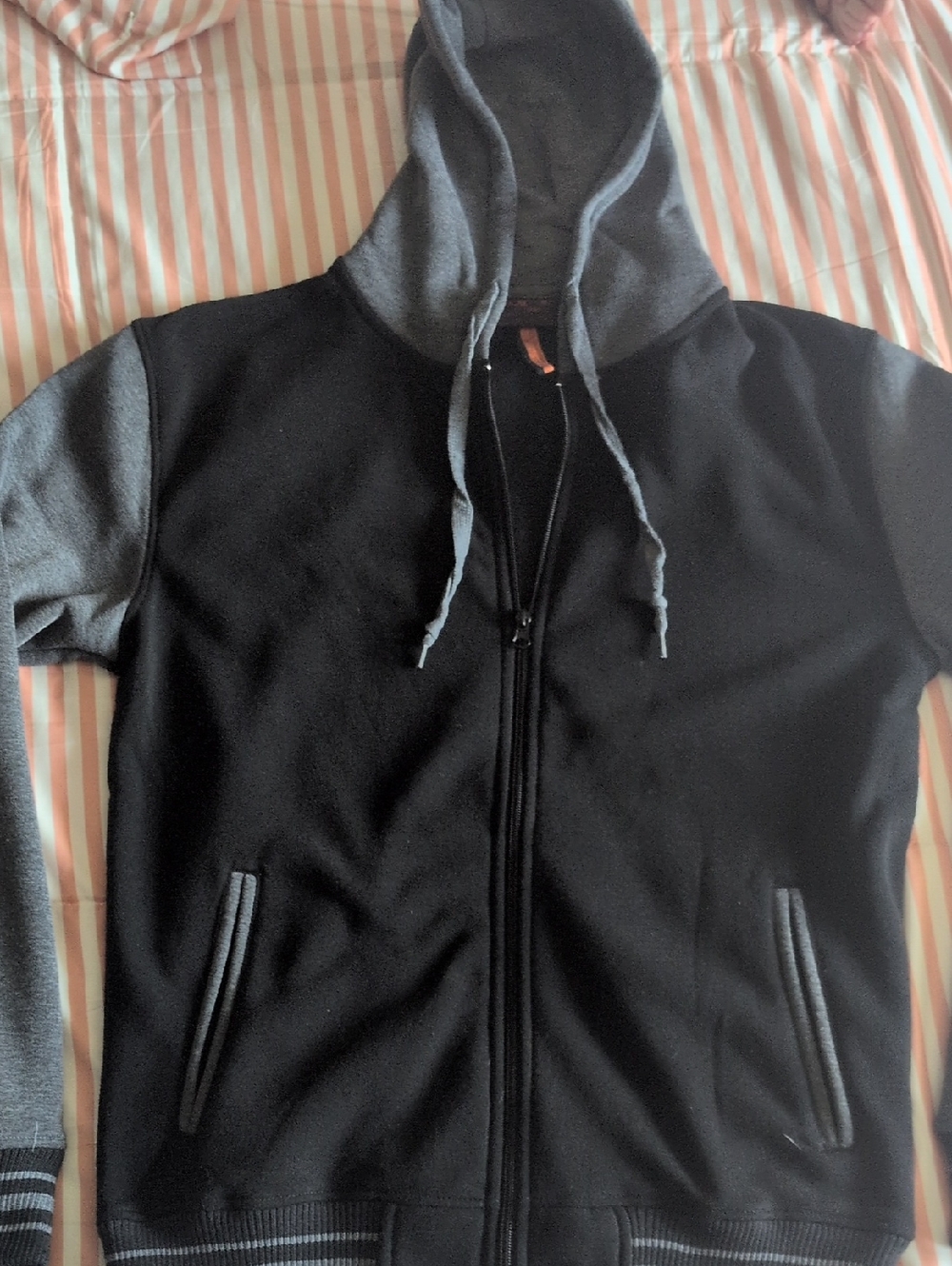 Black and Gray Hooded Bomber Jacket - Men's Zip-Up